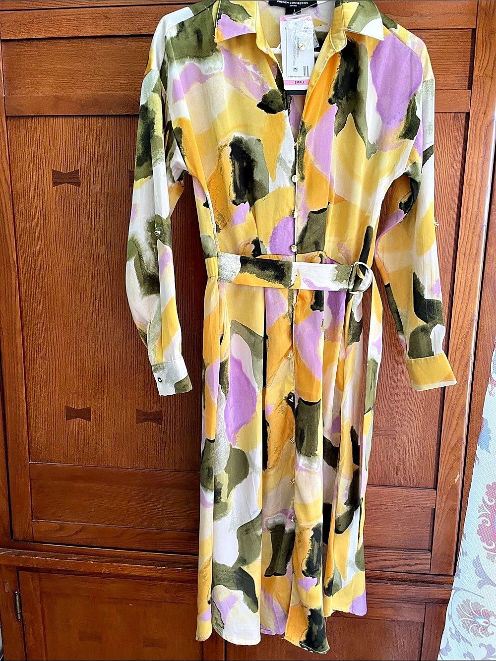 French Connection Abstract Print Belted Midi Shirt Dress Yellow & Purple Small